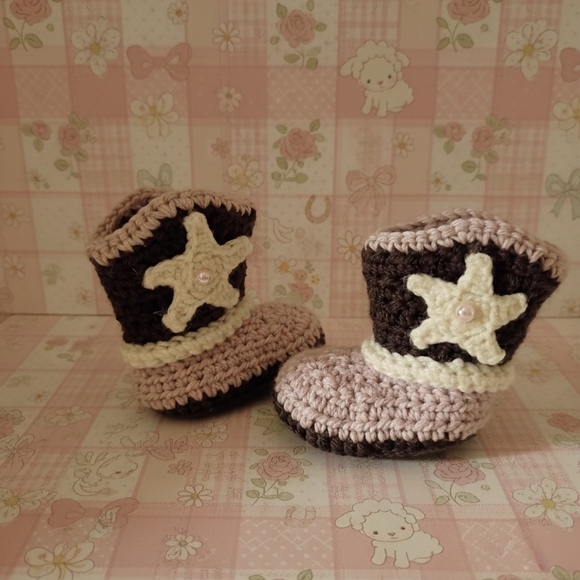 Other - Handmade Crochet Baby Girl Pink Cowgirl Booties 0-3 Months